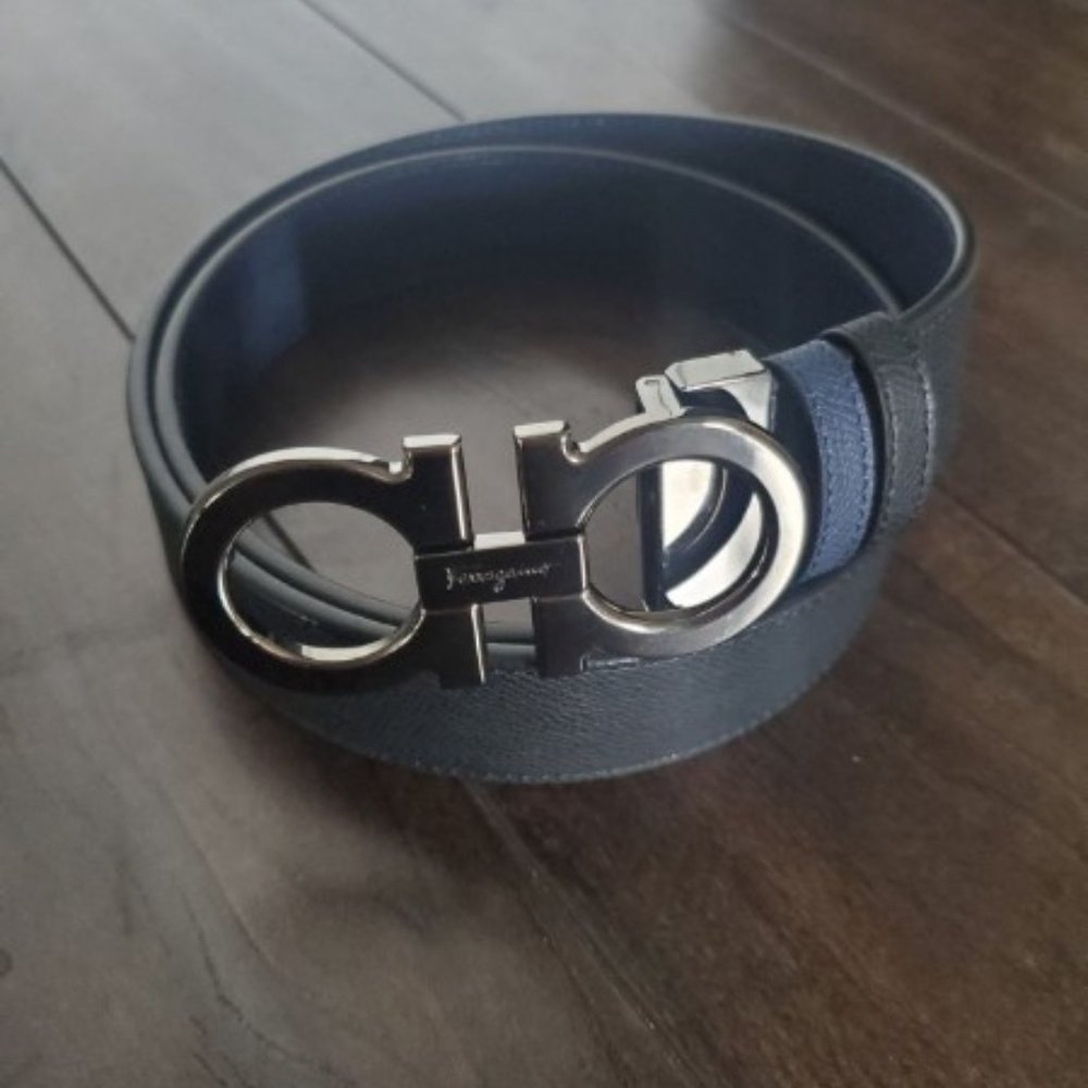 Ferragamo Gancini Belt - Ruthenium Black/Blue 38